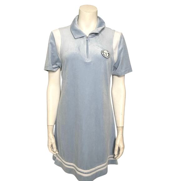 Sergio Tacchini Veneto Velour Dress Women's Large Blue Short Sleeve Zip Front - Picture 1 of 5